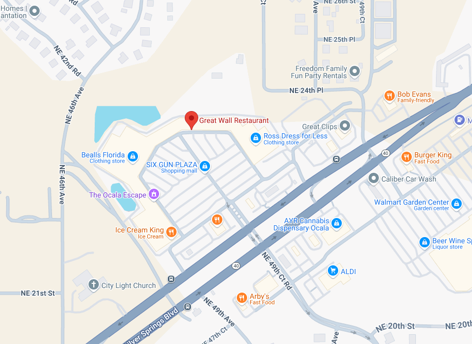 Map showing the location of Great Wall Restaurant at 4901 E Silver Springs Blvd #702, Ocala, FL 34470
